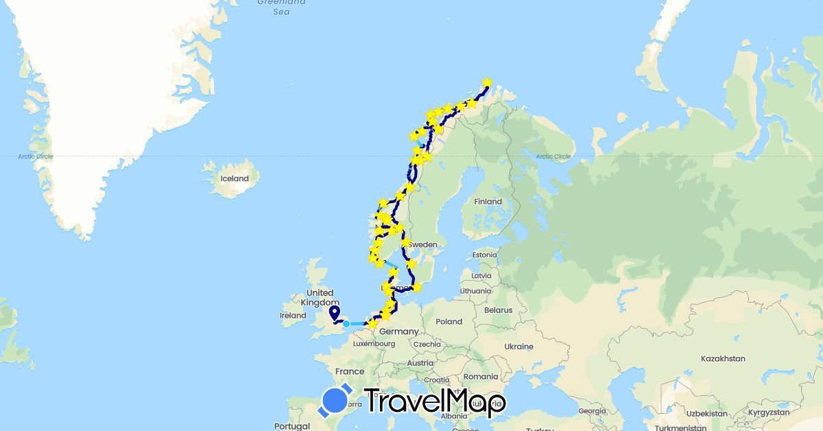 TravelMap itinerary: driving, boat in Germany, Denmark, United Kingdom, Netherlands, Norway, Sweden (Europe)